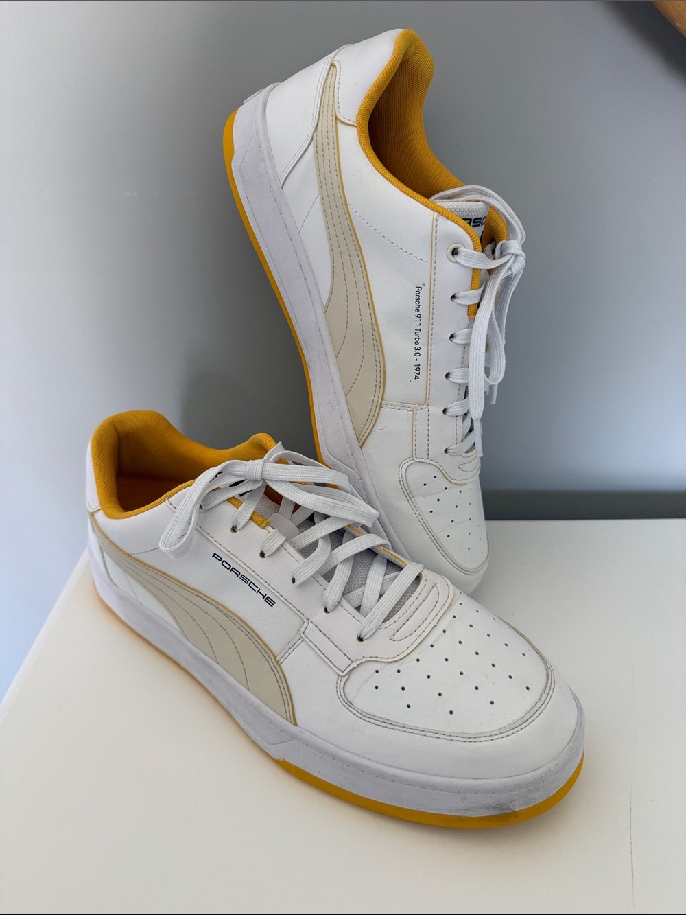 Puma Men’s 13 White Leather Low-Top Sneakers Porsche 911 with Yellow Accents